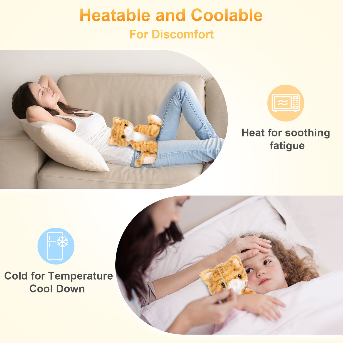 Heatable & Coolable Orange Cat Stuffed Animal, Cat Heating Pad Microwavable for Soothing & Relaxation, Lavender Scented Tuxedo Cat Plush Toy for Stress Relief, Cat Toys for Kids