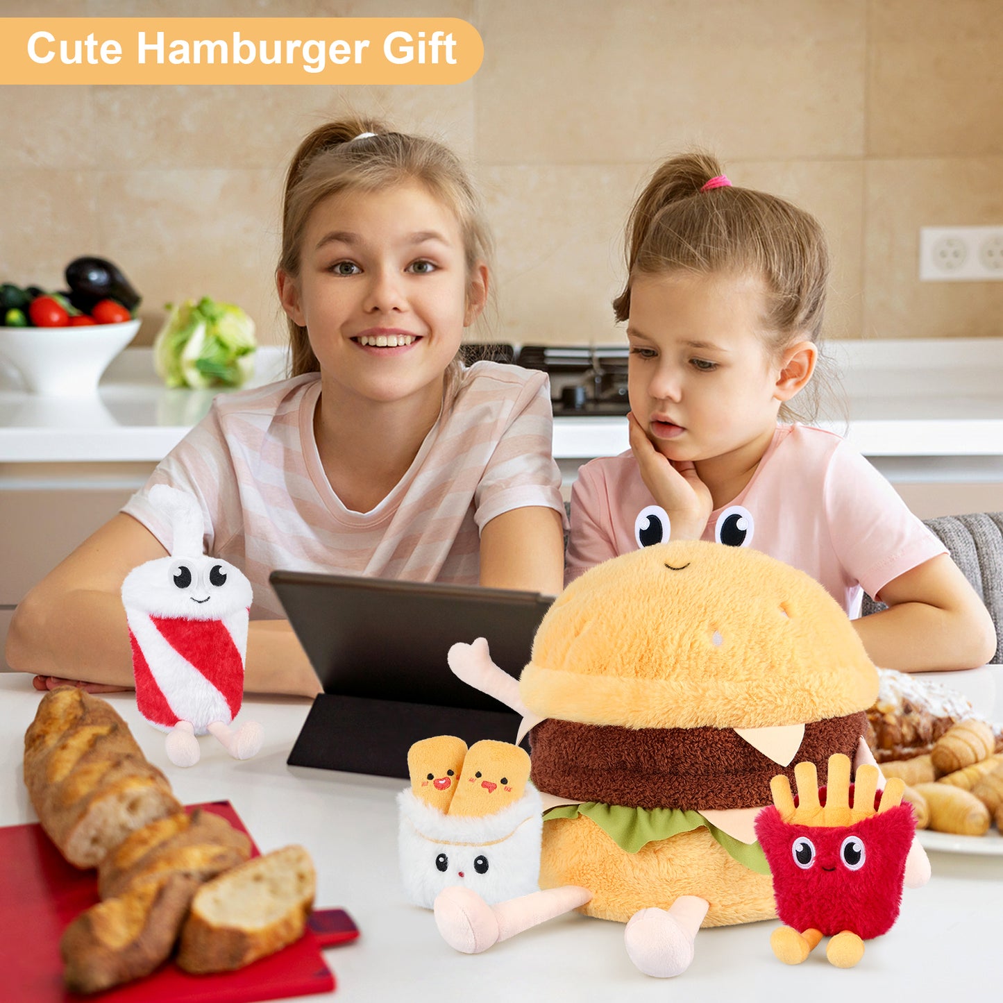 4-in-1 Hamburger Plush Toys with Baby Plushies, 4pcs Set Stuffed Animals Surprise Inside, Soft & Squishy Cheeseburger Pillow Plushies Decor, Cuddly Stuffed Toys Gift for Kids & Adults