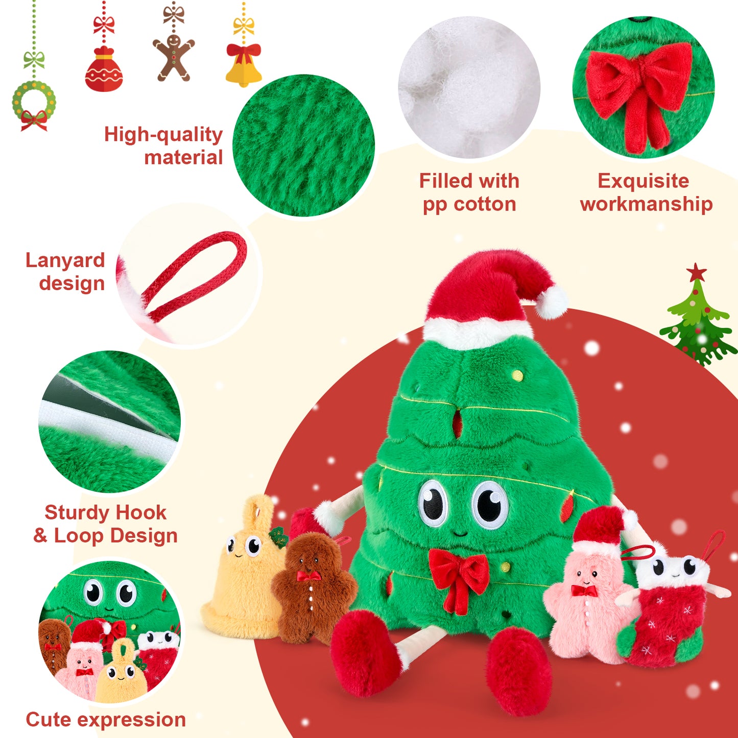 5-in-1 Christmas Tree Stuffed Animal with Babies Inside, 5PC Set Plush Pillow with Mommy & 4 Babies, Christmas Tree Decor, Stuffed Animal Gift, Imaginative Play Toy