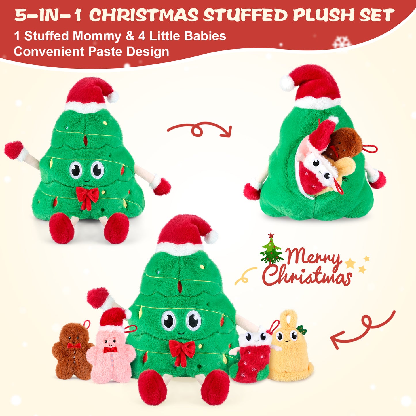 5-in-1 Christmas Tree Stuffed Animal with Babies Inside, 5PC Set Plush Pillow with Mommy & 4 Babies, Christmas Tree Decor, Stuffed Animal Gift, Imaginative Play Toy