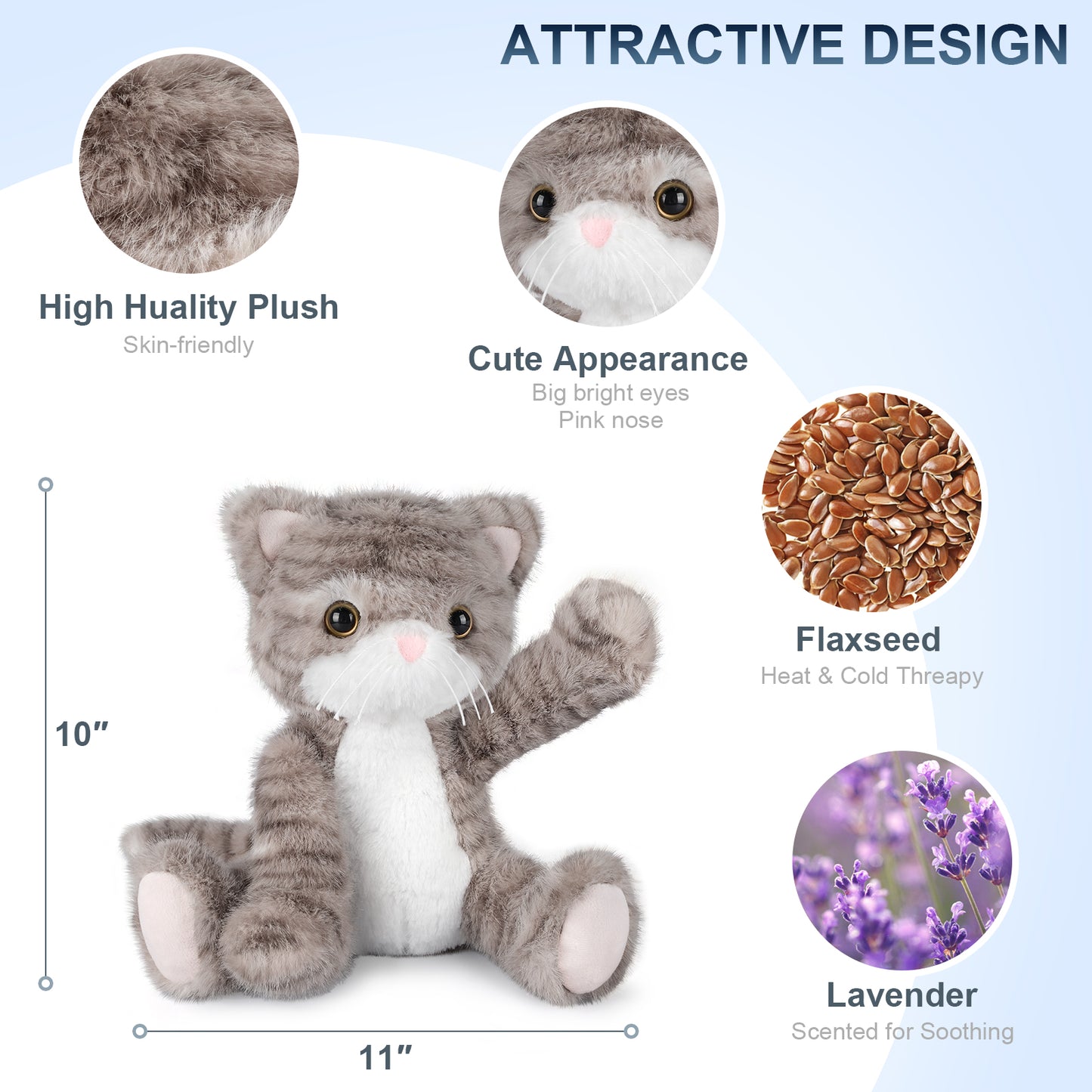 Heatable & Coolable Grey Cat Stuffed Animal, Cat Heating Pad Microwavable for Soothing & Relaxation, Lavender Scented Cat Plush Toy for Stress Relief, Stuffed Cat Toys for Kids