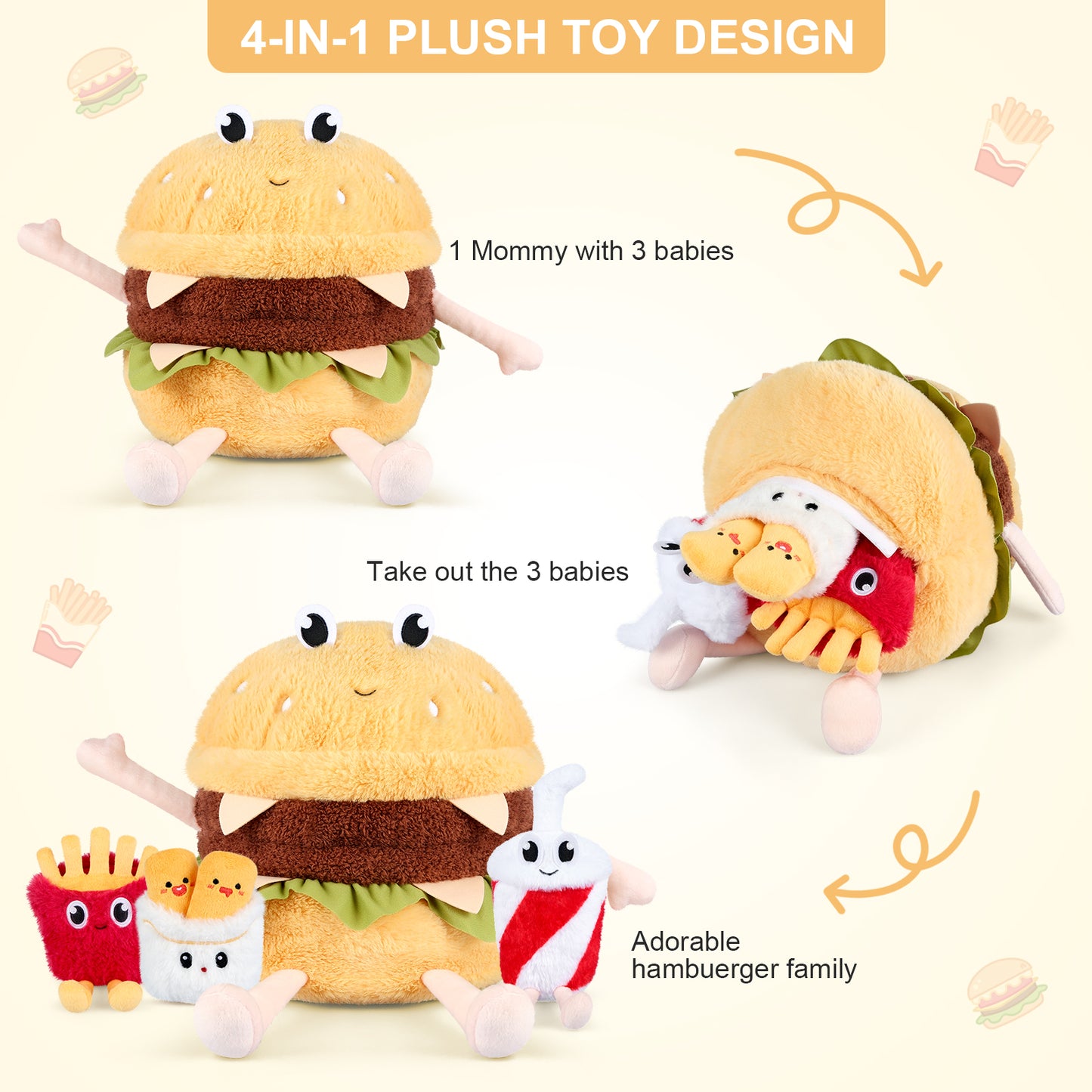 4-in-1 Hamburger Plush Toys with Baby Plushies, 4pcs Set Stuffed Animals Surprise Inside, Soft & Squishy Cheeseburger Pillow Plushies Decor, Cuddly Stuffed Toys Gift for Kids & Adults