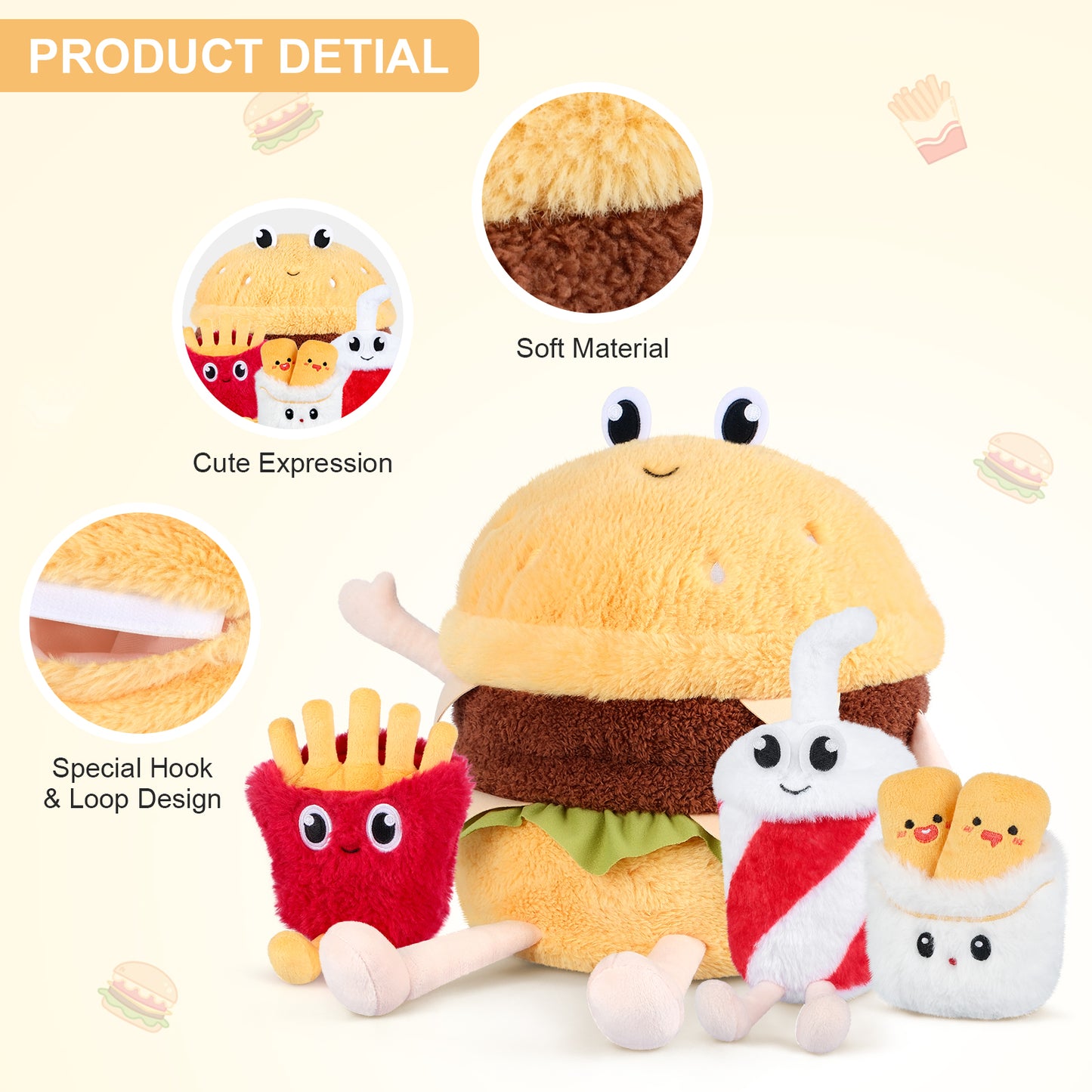 4-in-1 Hamburger Plush Toys with Baby Plushies, 4pcs Set Stuffed Animals Surprise Inside, Soft & Squishy Cheeseburger Pillow Plushies Decor, Cuddly Stuffed Toys Gift for Kids & Adults