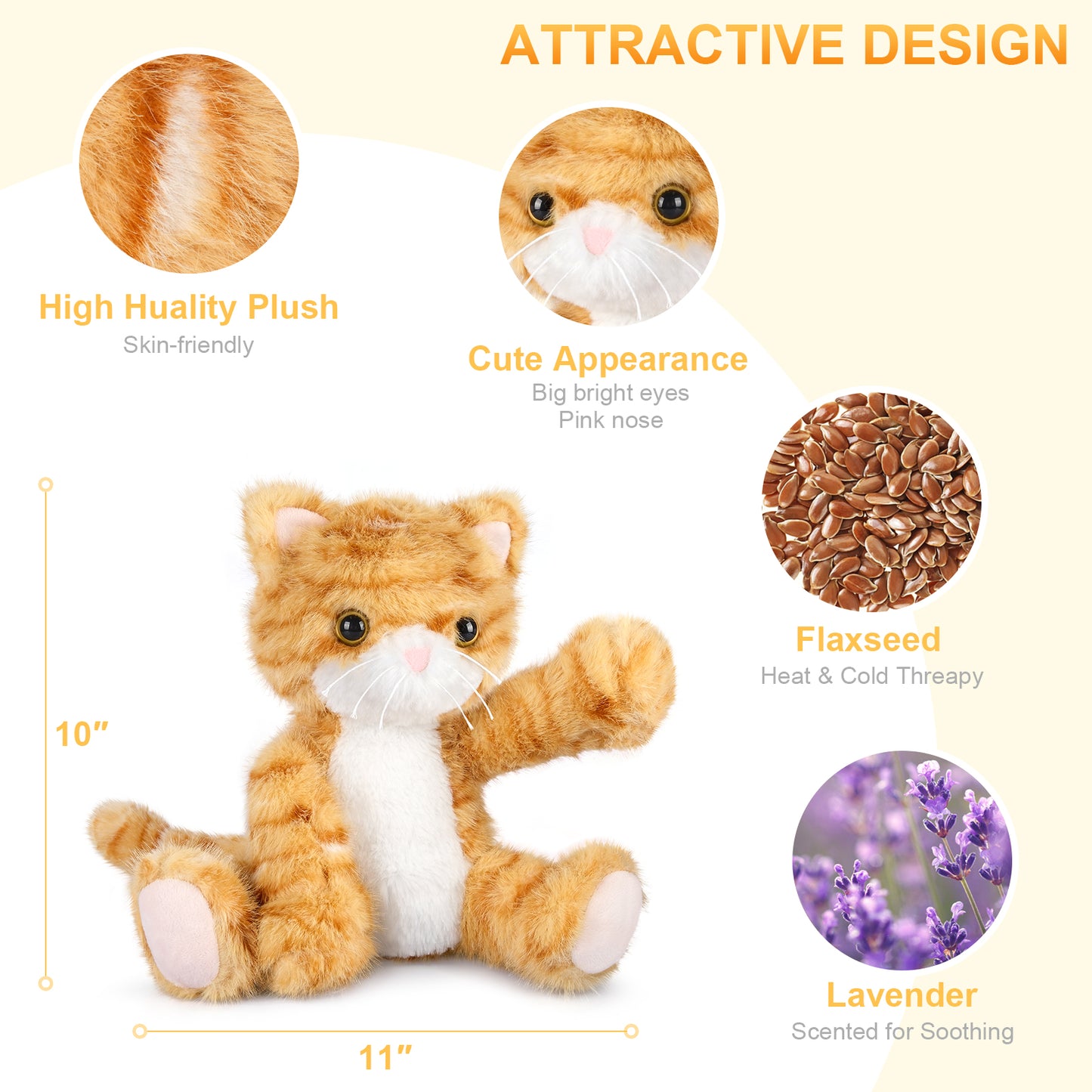 Heatable & Coolable Orange Cat Stuffed Animal, Cat Heating Pad Microwavable for Soothing & Relaxation, Lavender Scented Tuxedo Cat Plush Toy for Stress Relief, Cat Toys for Kids