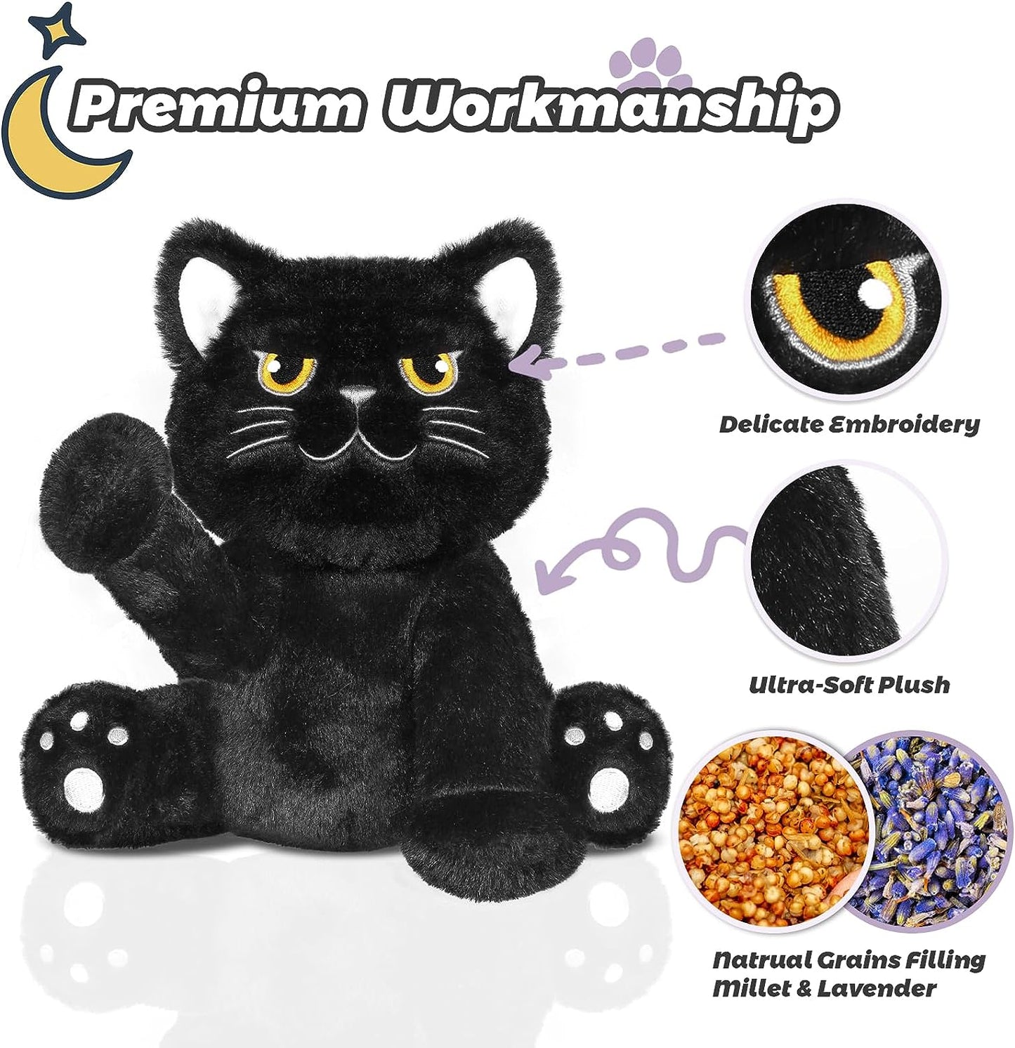 SuzziPals Microwavable Grumpy Black Cat Stuffed Animals Lavender Scent, Heated Stuffed Animals Heating Pads for Cramps & Pain, Black Cat Plush for Bedtime, Cuddle, Stuffed Cat Stress Relief Gifts