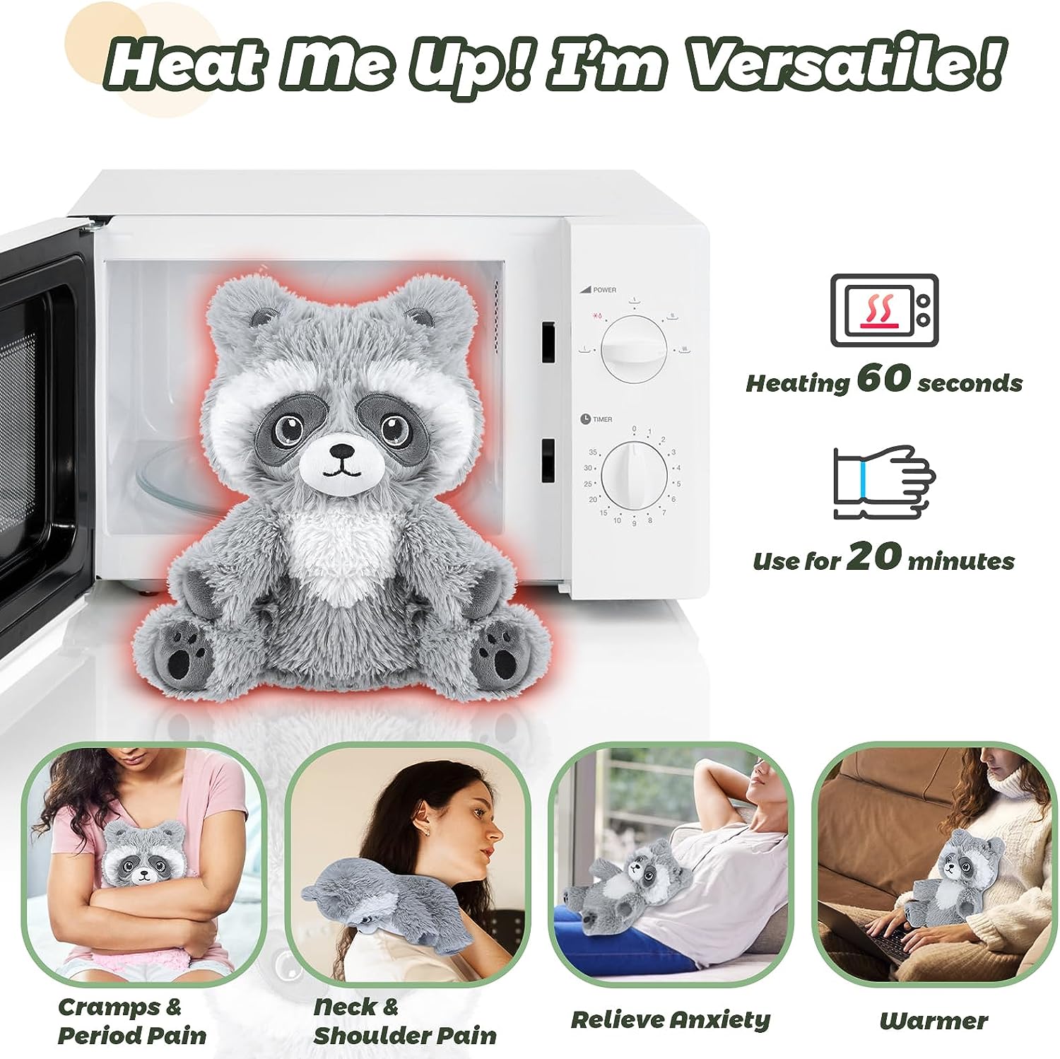 SuzziPals Raccoon Stuffed Animal, Microwavable Stuffed Animals Raccoon Plush, Heated Stuffed Animals with Lavender Scented, Heating Pads for Cramps, Anxiety & Stress Relief, Raccoon Gifts