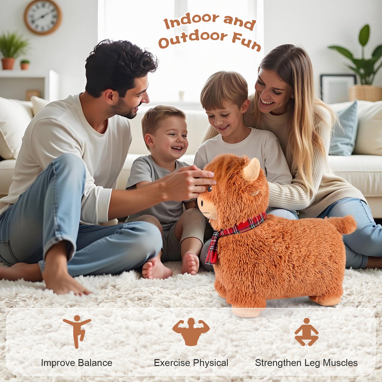 Bouncy Highland Cow Hopper Toys, Inflatable Cow Ride on Bouncer, Indoor Outdoor Highland Cow Plush Bouncy Horse for Toddlers & Kids, Bouncing Animals Toddler Toys, Toddler Gifts