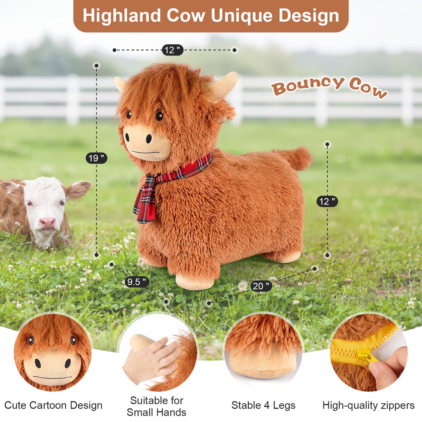 Bouncy Highland Cow Hopper Toys, Inflatable Cow Ride on Bouncer, Indoor Outdoor Highland Cow Plush Bouncy Horse for Toddlers & Kids, Bouncing Animals Toddler Toys, Toddler Gifts