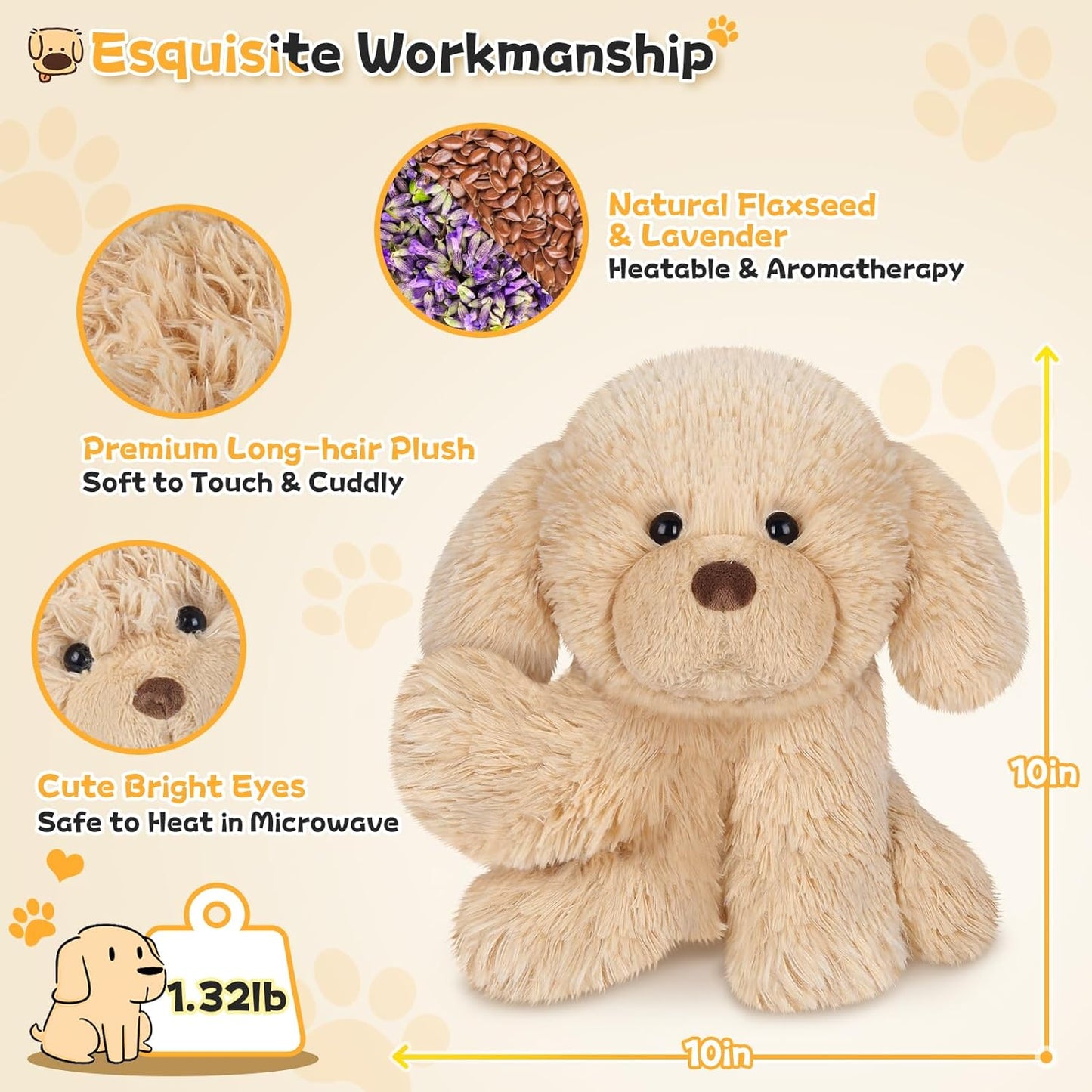 SuzziPals Warmable Golden Retriever Stuffed Animal, Microwavable Stuffed Animal Heating Pads for Cramps & Pain, Lavender Dog Stuffed Animals for Anxiety, Dog Plush Toy Golden Retriever Gifts for Kids