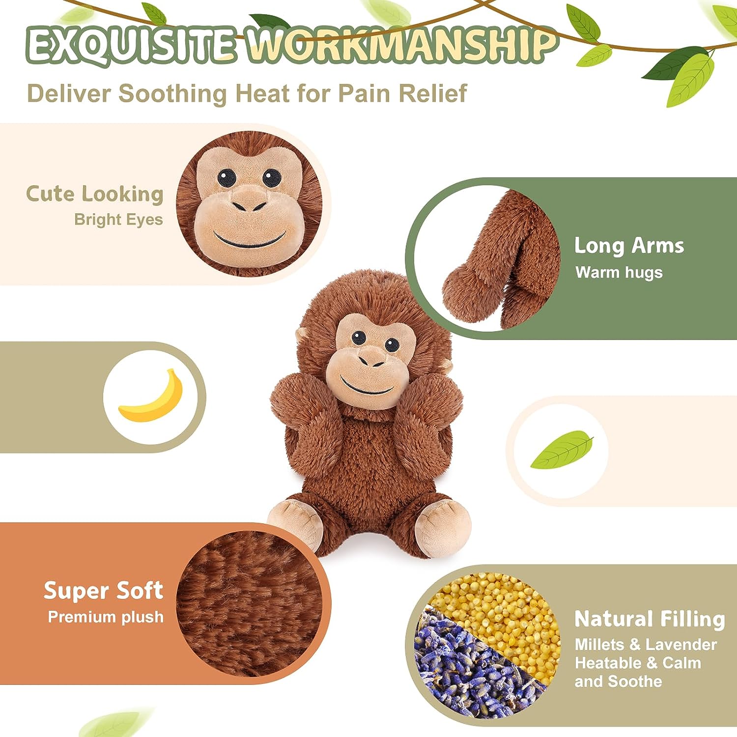 Suzzipals Monkey Stuffed Animals, Microwavable Stuffed Animals Lavender Scented, Monkey Plush Heating Pads for Cramps & Pain relief, Anxiety, Stress Relief, Stuffed Monkey Toy, Monkey Gifts Boys Girls