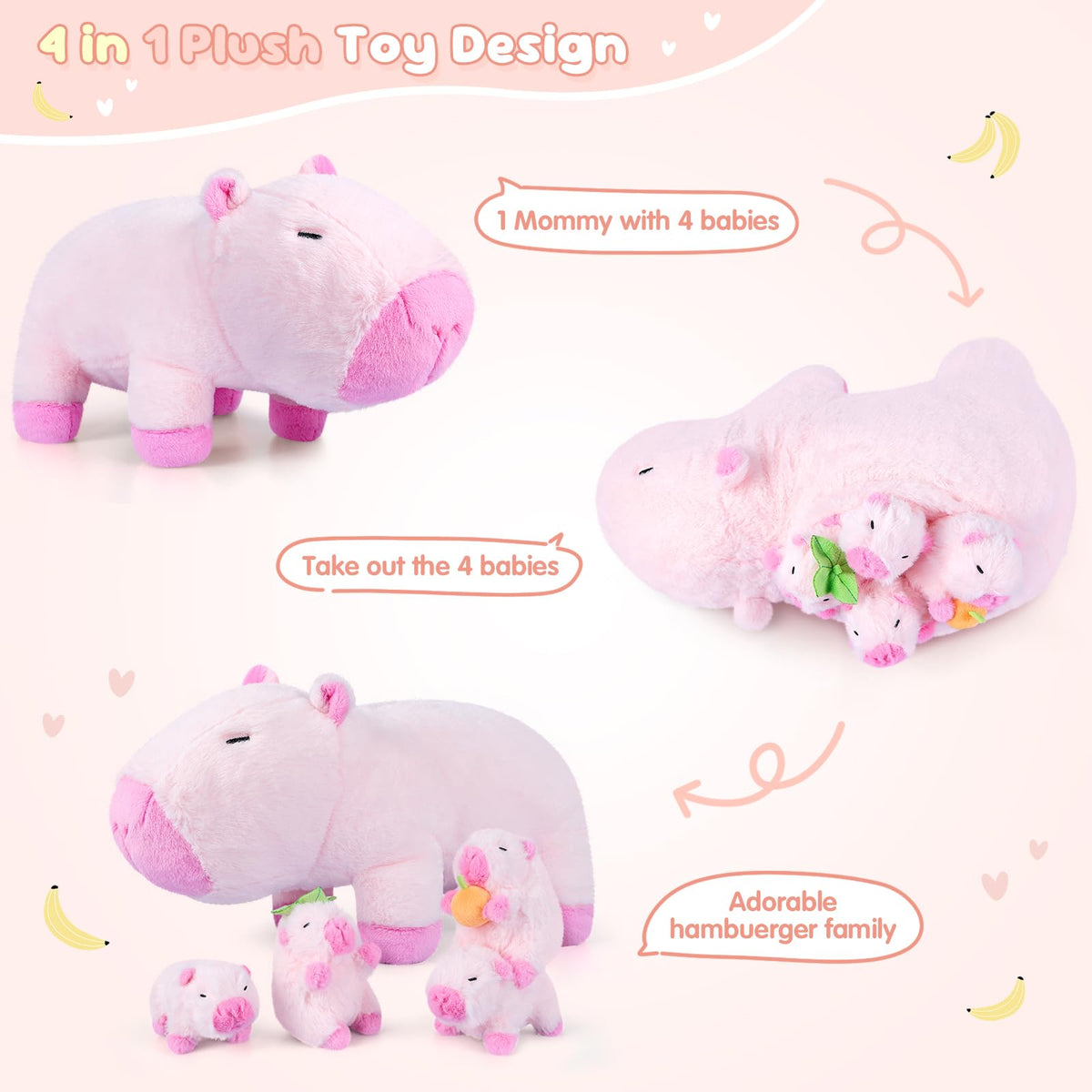 SuzziPals Pink Capybara Plush Toys with 4 Babies, Lovely Capybara Gifts