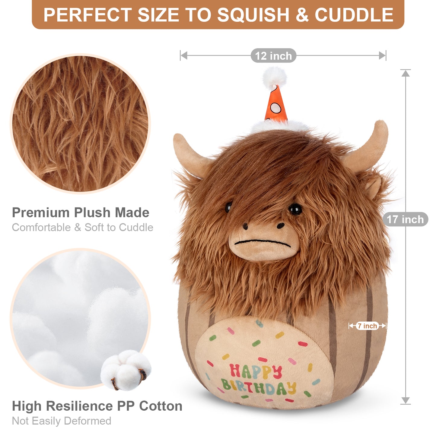 17 inch Happy Birthday Highland Cow Stuffed Animal Plush Pillows