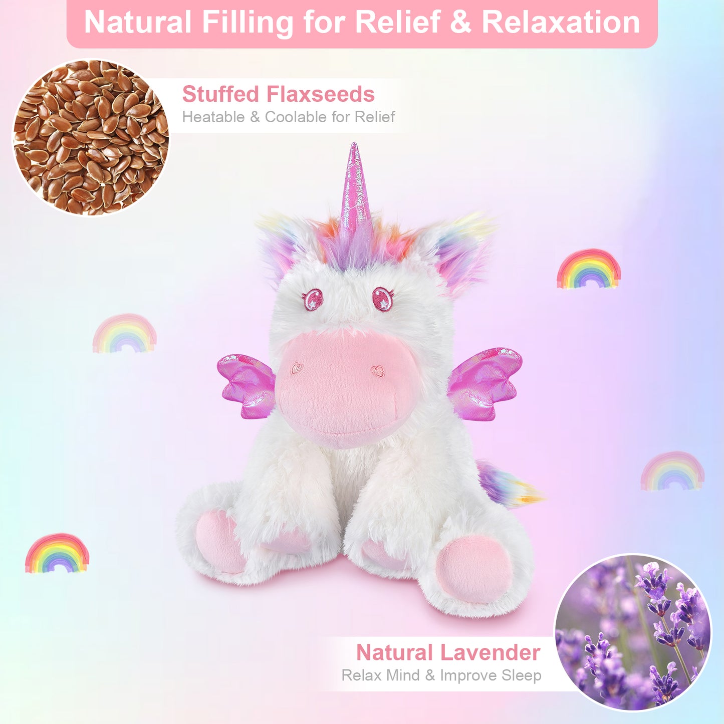 Rainbow Unicorn Plush, Warmable & Coolable Stuffed Animal, Lavender Scented Heating Pad for Relaxation, Cute Unicorn Gifts for Kids & Adults