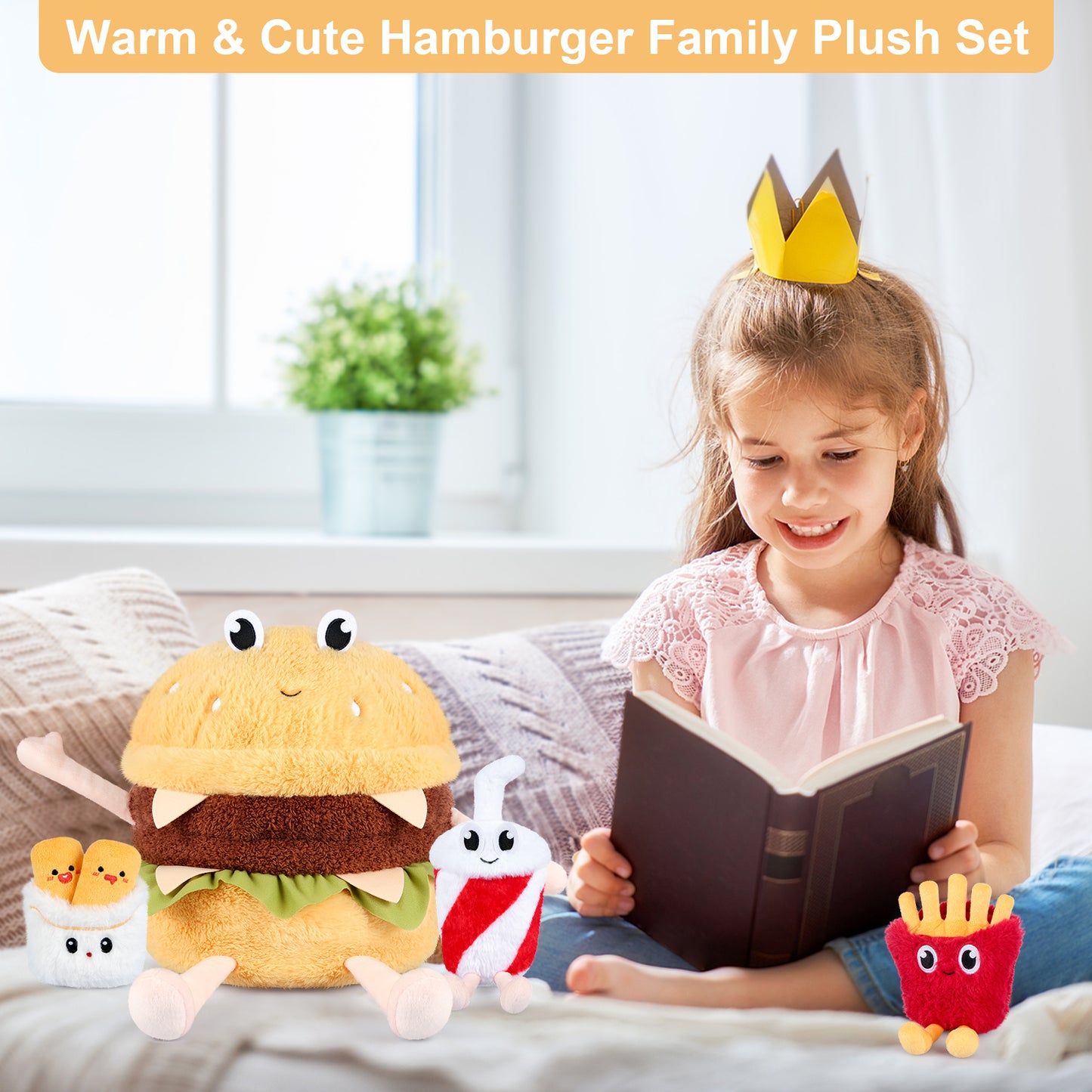 4-in-1 Hamburger Plush Toys with Baby Plushies, 4pcs Set Stuffed Animals Surprise Inside, Soft & Squishy Cheeseburger Pillow Plushies Decor, Cuddly Stuffed Toys Gift for Kids & Adults