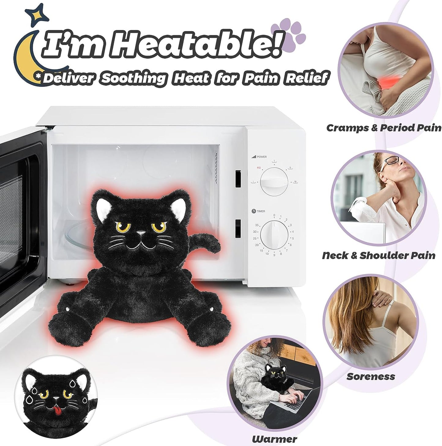 SuzziPals Microwavable Grumpy Black Cat Stuffed Animals Lavender Scent, Heated Stuffed Animals Heating Pads for Cramps & Pain, Black Cat Plush for Bedtime, Cuddle, Stuffed Cat Stress Relief Gifts