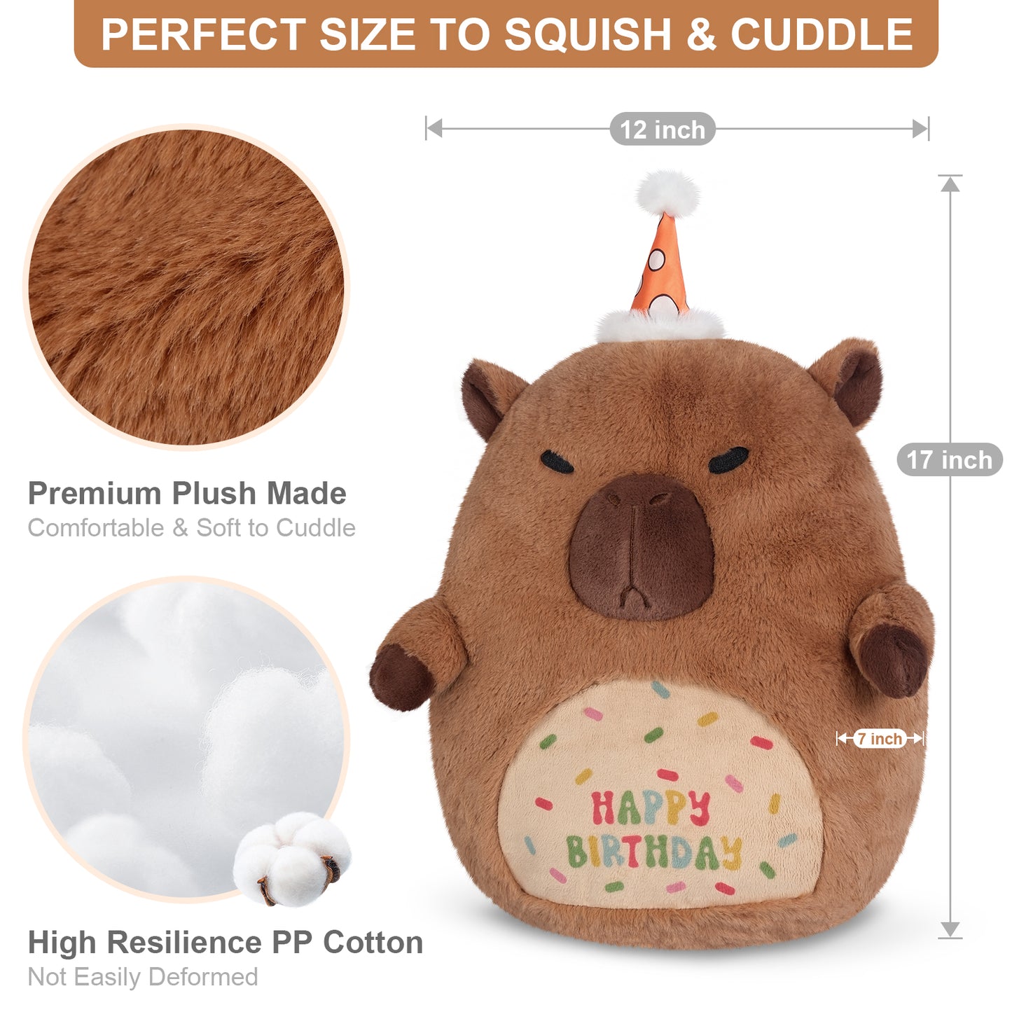 17" Happy Birthday Capybara Plush Pillows, Squish Capybara Stuffed Animals