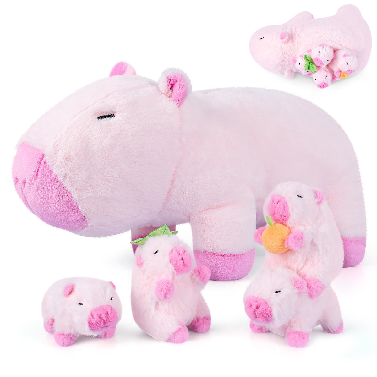SuzziPals Pink Capybara Plush Toys with 4 Babies, Lovely Capybara Gifts