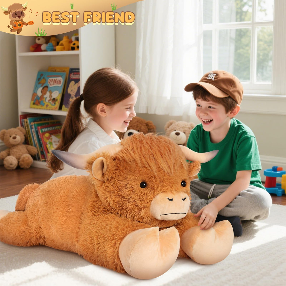 SuzziPals 43 inch Giant Highland Cow Stuffed Animal, Lifelike Huge Cow Stuffed Animal for Stress Relief & Companion, Extra Soft Cow Plush, Huge Big Plushies Highland Cows Gifts for Kids Adults