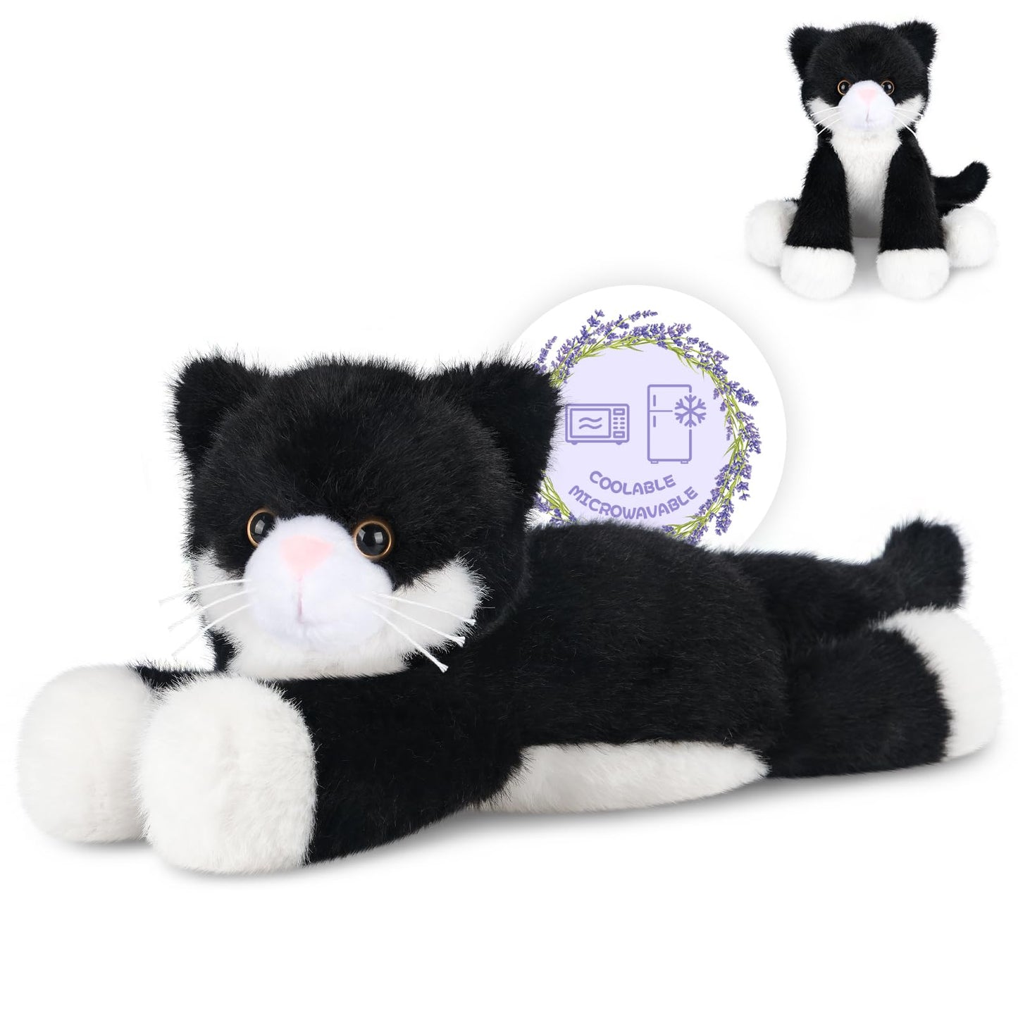 SuzziPals Heatable & Coolable Black and White Cat Stuffed Animal, Microwave Heating Pad Animal for Discomfort, Cat Plush for Companion, Plush Cats Lavender Stuffed Animal, Stuffed Cats Toys Gift