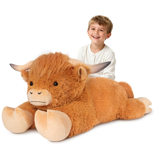 SuzziPals 43 inch Giant Highland Cow Stuffed Animal, Lifelike Huge Cow Stuffed Animal for Stress Relief & Companion, Extra Soft Cow Plush, Huge Big Plushies Highland Cows Gifts for Kids Adults