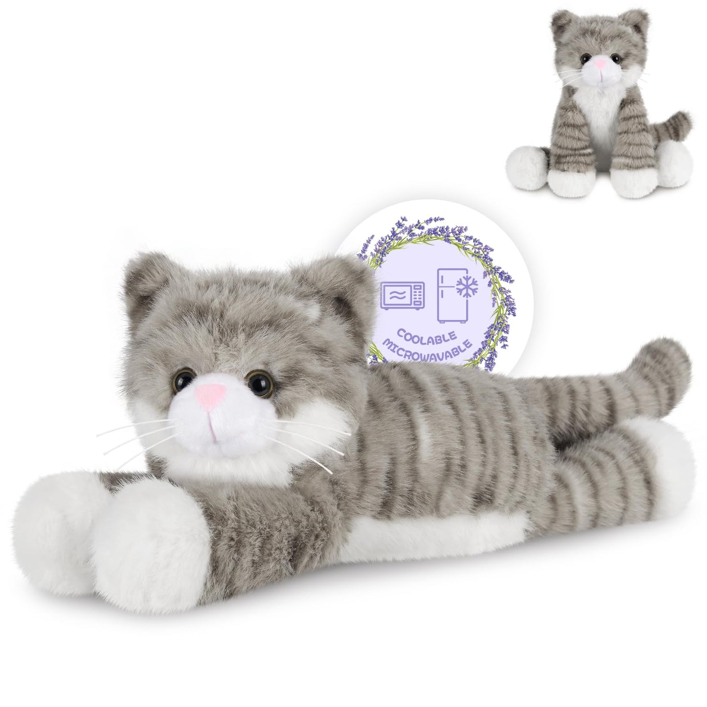 SuzziPals Heatable & Coolable Grey Cats Stuffed Animals, Microwave Heating Pad Animal for Discomfort, Grey Cats Plush for Companion, Cat Plushies Lavender Stuffed Animal, Stuffed Cat Toys Gift