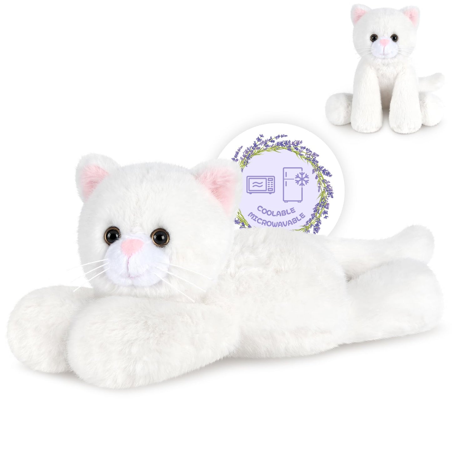 SuzziPals Heatable & Coolable White Cats Stuffed Animals, Microwave Heating Pad Animal for Discomfort, White Cats Plush for Companion, Cat Plushies Lavender Stuffed Animal, Stuffed Cat Toys Gift