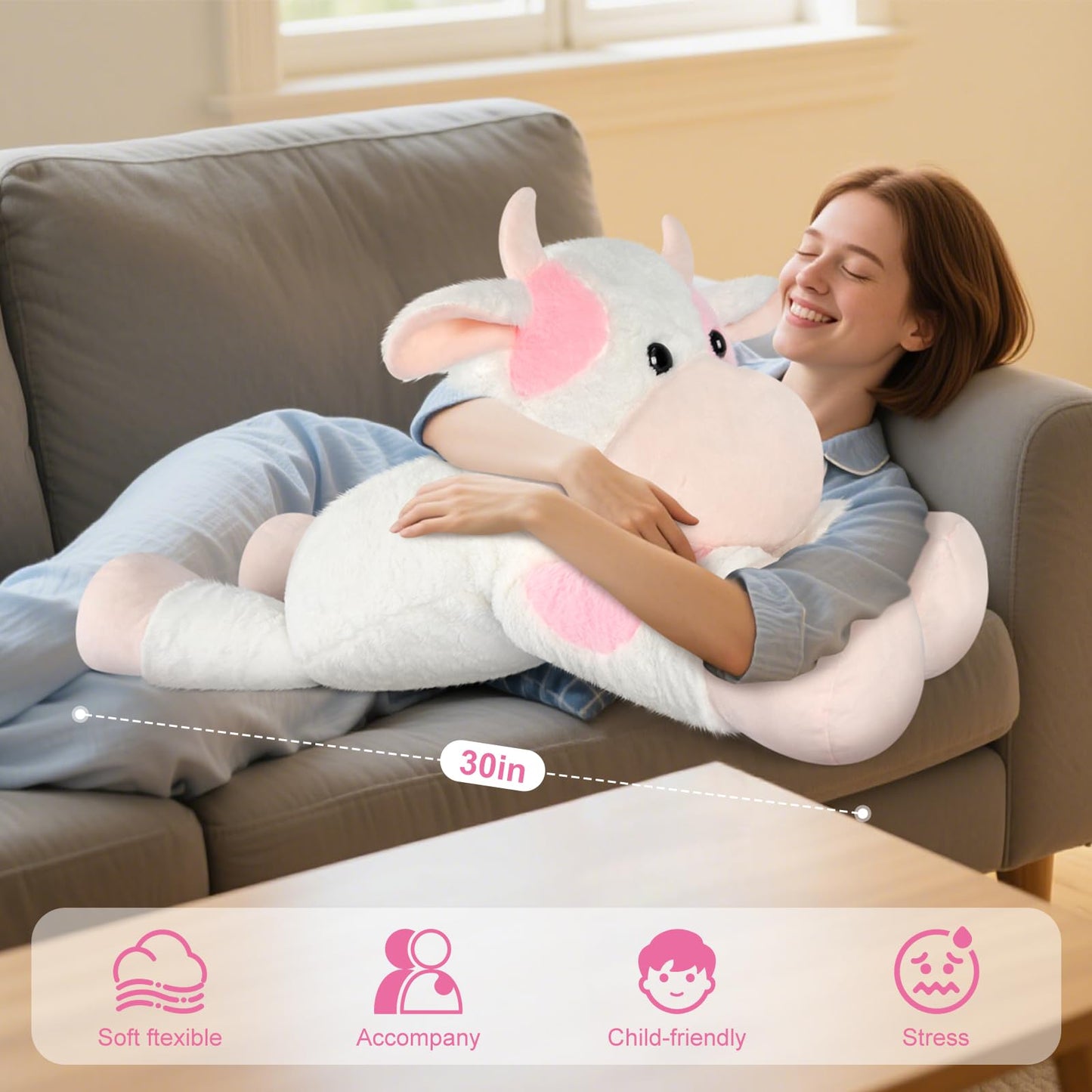 SuzziPals Giant Cow Stuffed Animal 30", Jumbo Strawberry Cow Plush Toys, Giant Stuffed Animal Hugging Pillow for Stress Relief & Sleep Aid, Huge Cuddly Dairy Plushies Gift for Kids Adults