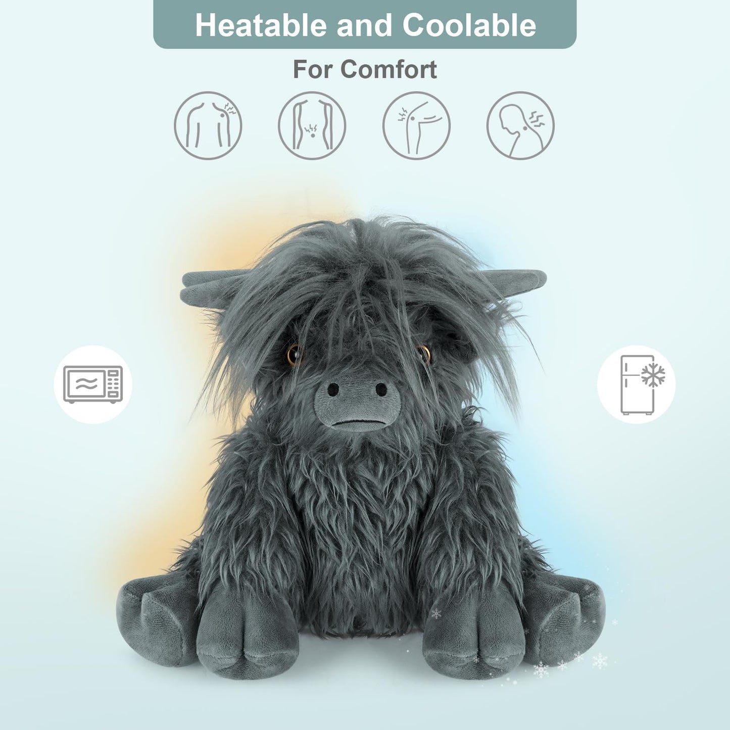SuzziPals Heatable & Coolable Highland Cow Stuffed Animal, Microwavable Heating Pad for Soothing & Relaxation, Black Cattle Plushies for Stress Relief, Lavender Scented Stuffed Cow Gifts