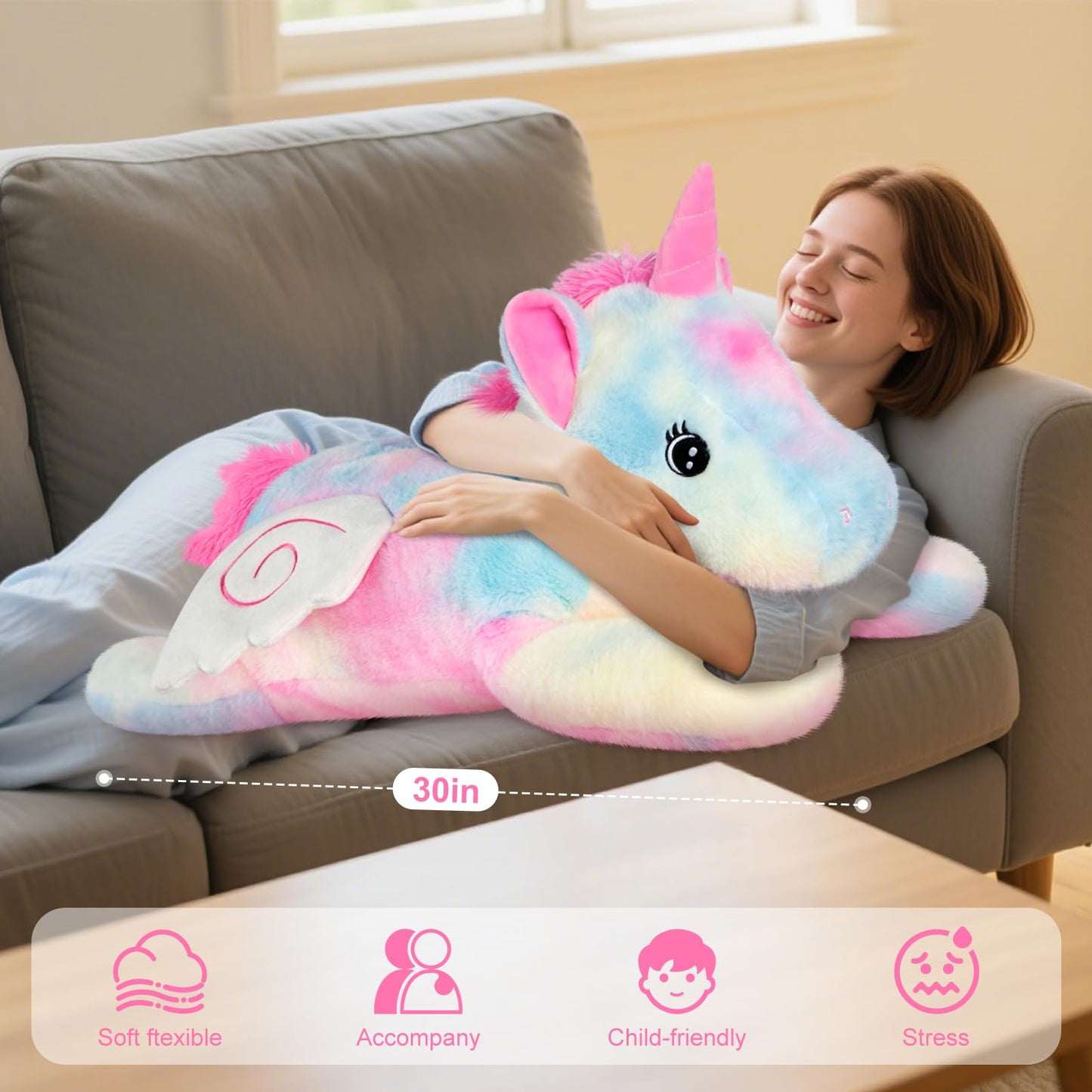 SuzziPals Giant Rainbow Unicorn Stuffed Animal 30", Jumbo Soft Big Stuffed Animals, Giant Plush Toys Hugging Pillow for Stress Relief & Sleep Aid, Huge Cuddly Cute Plushies Unicorn Gifts for Kid Adult