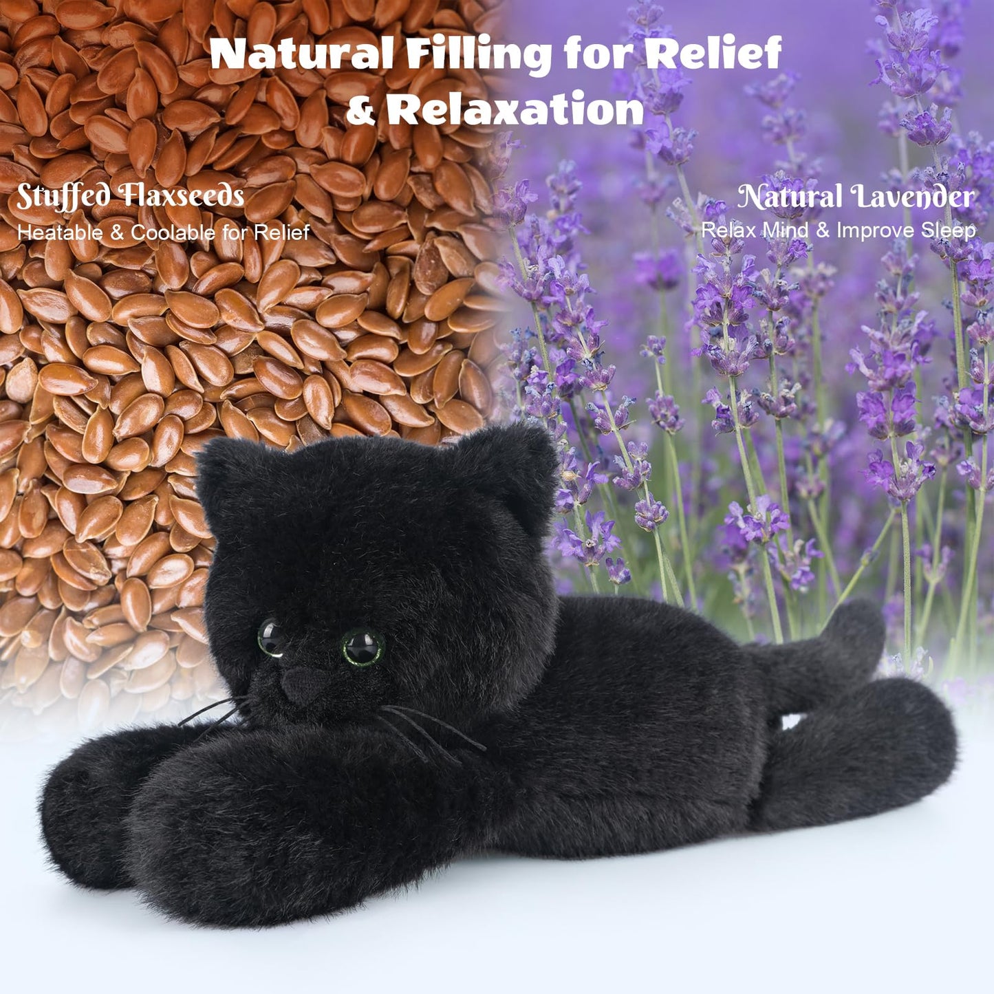 SuzziPals Heatable & Coolable Black Cats Stuffed Animals, Microwave Heating Pad Animal for Discomfort, Black Cats Plush for Companion, Cat Plushies Lavender Stuffed Animal, Stuffed Cat Toys Gift