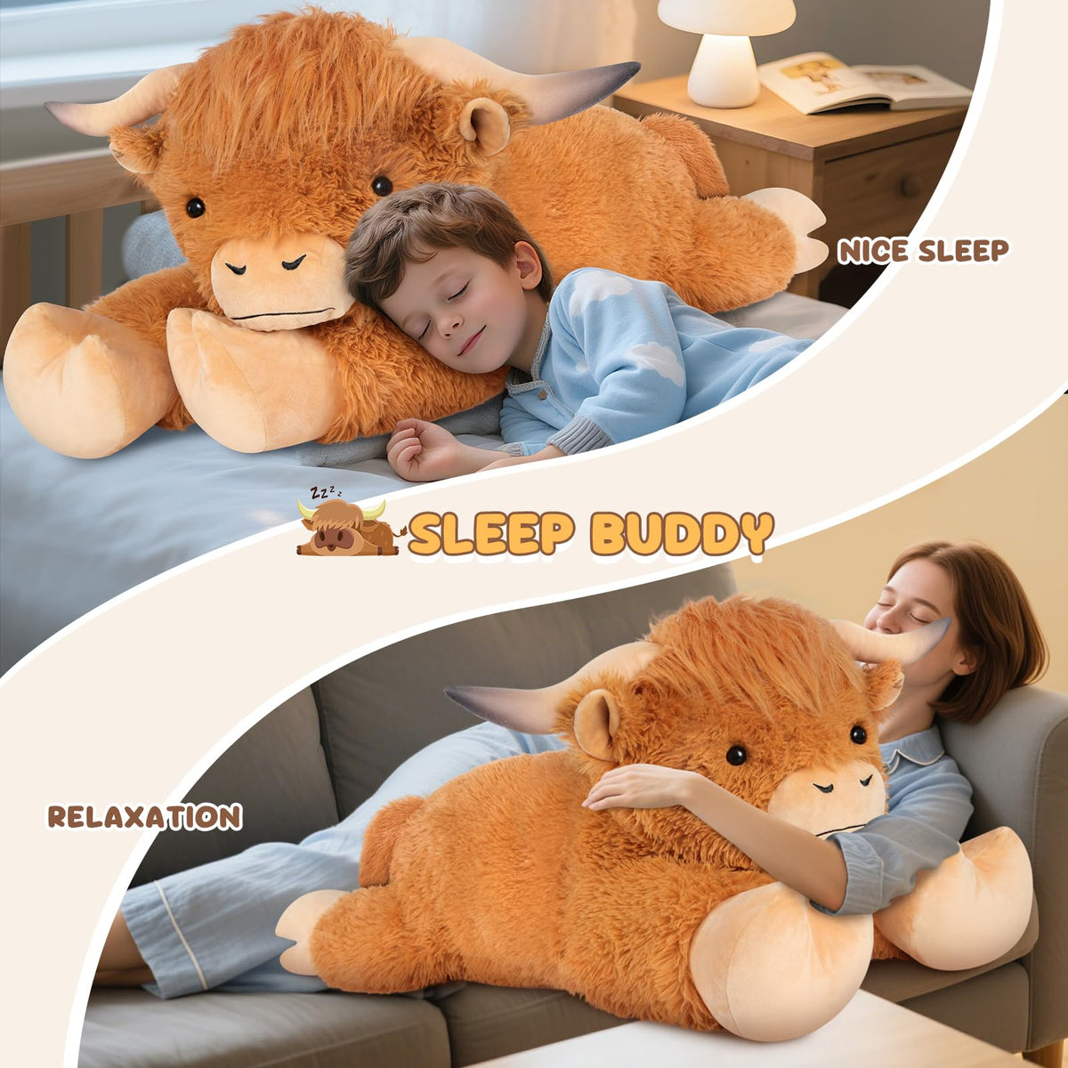 SuzziPals 43 inch Giant Highland Cow Stuffed Animal, Lifelike Huge Cow Stuffed Animal for Stress Relief & Companion, Extra Soft Cow Plush, Huge Big Plushies Highland Cows Gifts for Kids Adults