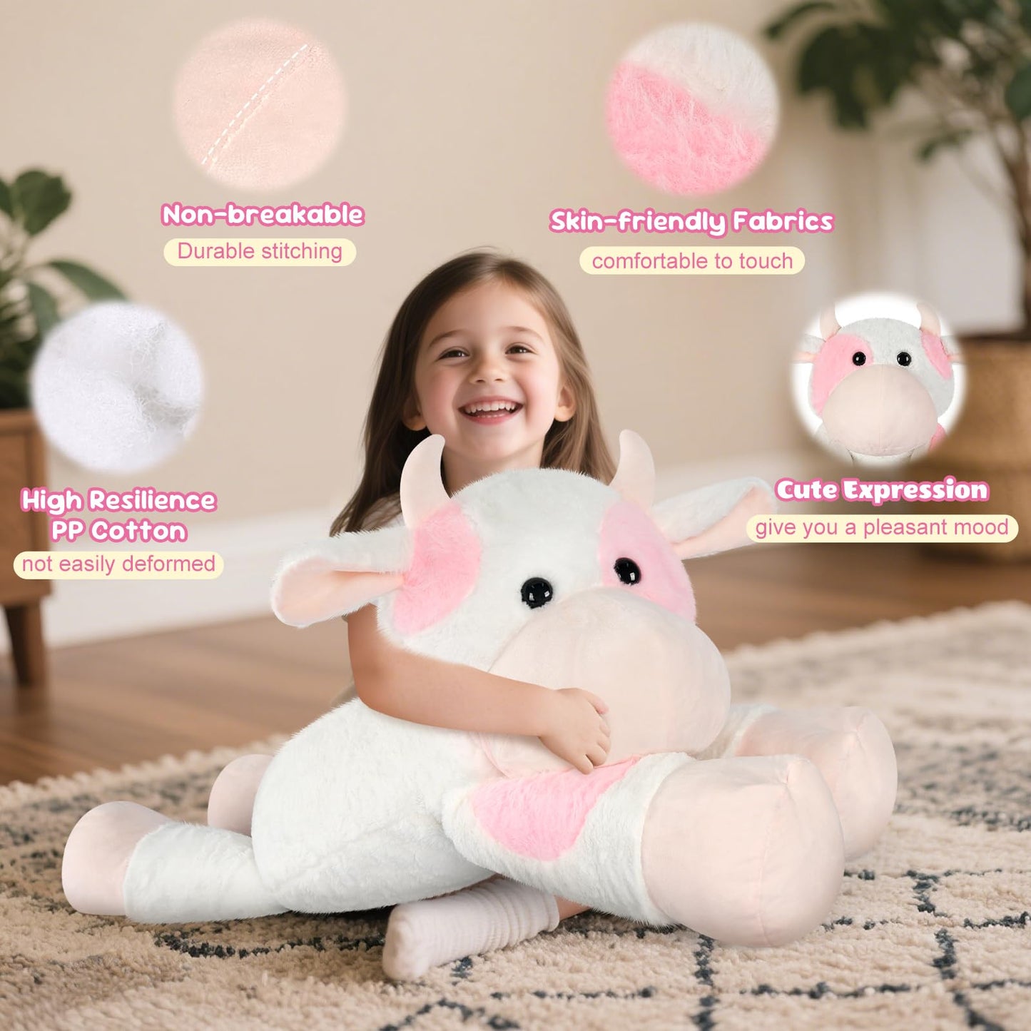 SuzziPals Giant Cow Stuffed Animal 30", Jumbo Strawberry Cow Plush Toys, Giant Stuffed Animal Hugging Pillow for Stress Relief & Sleep Aid, Huge Cuddly Dairy Plushies Gift for Kids Adults