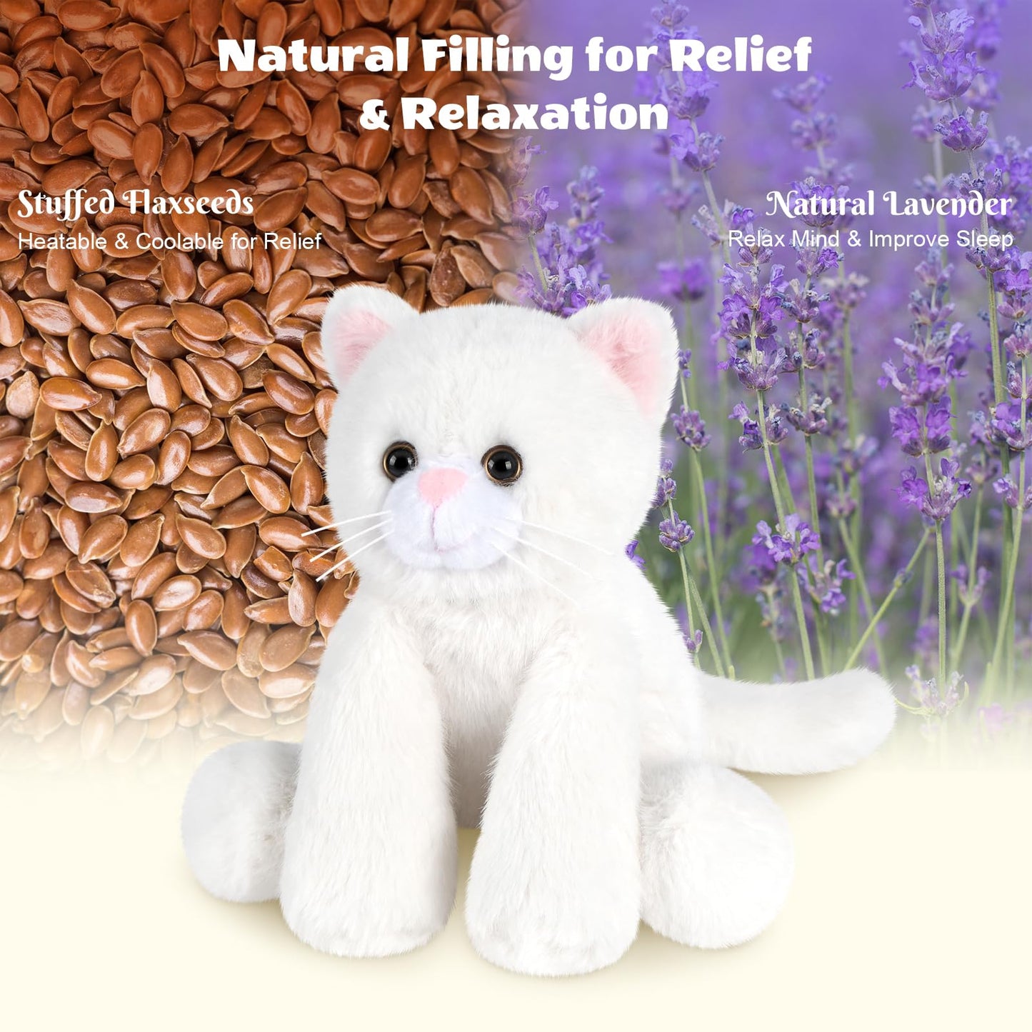 SuzziPals Heatable & Coolable White Cats Stuffed Animals, Microwave Heating Pad Animal for Discomfort, White Cats Plush for Companion, Cat Plushies Lavender Stuffed Animal, Stuffed Cat Toys Gift