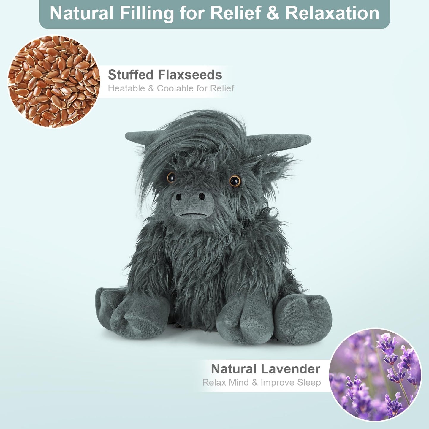 SuzziPals Heatable & Coolable Highland Cow Stuffed Animal, Microwavable Heating Pad for Soothing & Relaxation, Black Cattle Plushies for Stress Relief, Lavender Scented Stuffed Cow Gifts