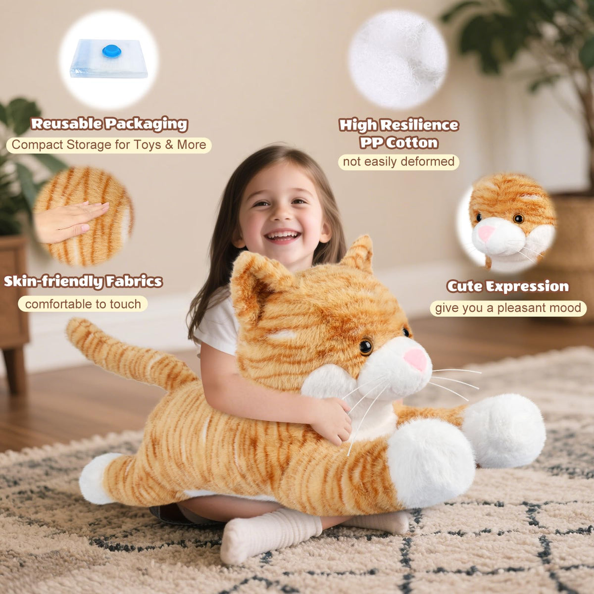 SuzziPals Giant Cat Plush 30", Jumbo Soft Orange Cat Stuffed Animal, Giant Plush Toys for Relaxation & Comfort, Huge Cuddly Cats Plushies Gifts for Boys and Girls
