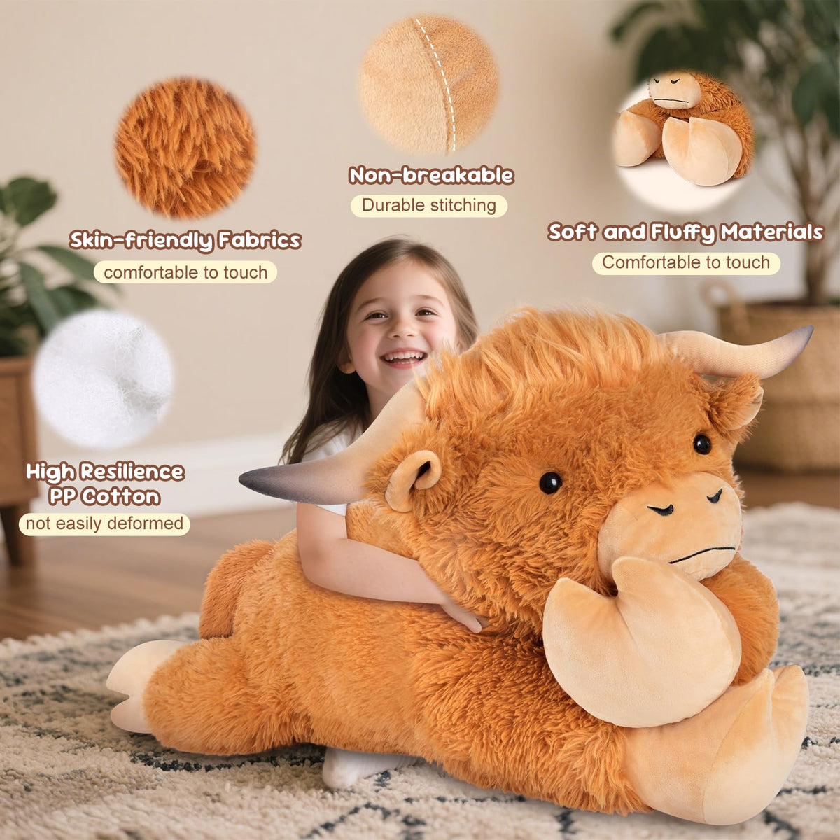 SuzziPals 43 inch Giant Highland Cow Stuffed Animal, Lifelike Huge Cow Stuffed Animal for Stress Relief & Companion, Extra Soft Cow Plush, Huge Big Plushies Highland Cows Gifts for Kids Adults