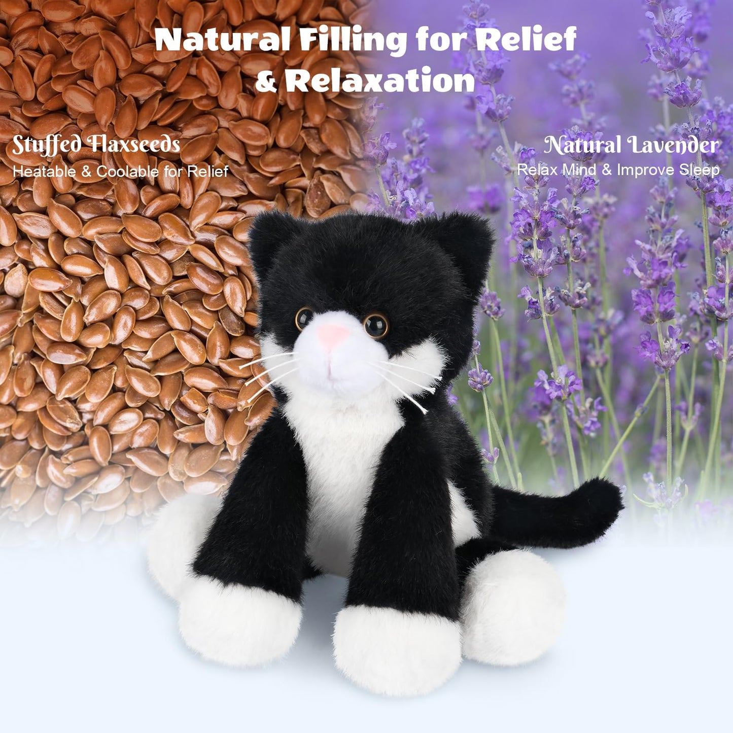 SuzziPals Heatable & Coolable Black and White Cat Stuffed Animal, Microwave Heating Pad Animal for Discomfort, Cat Plush for Companion, Plush Cats Lavender Stuffed Animal, Stuffed Cats Toys Gift