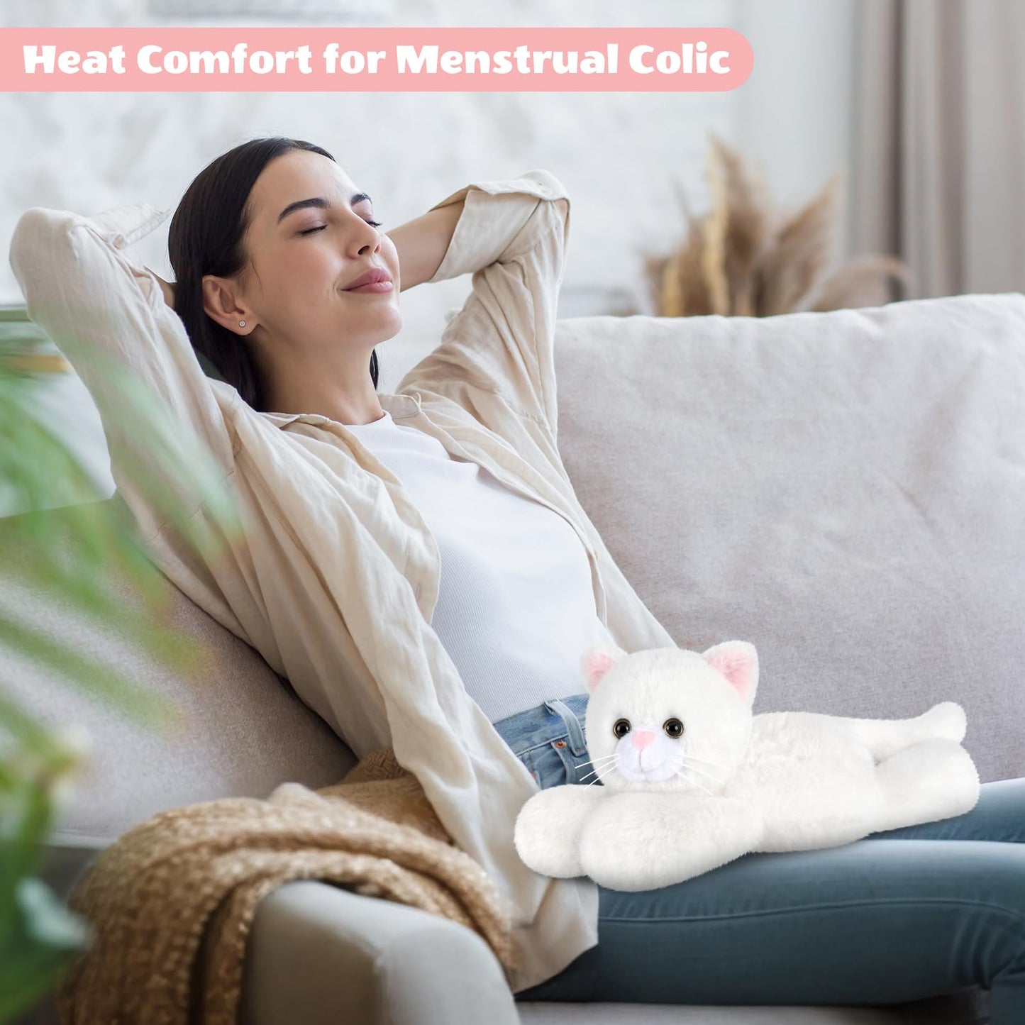 SuzziPals Heatable & Coolable White Cats Stuffed Animals, Microwave Heating Pad Animal for Discomfort, White Cats Plush for Companion, Cat Plushies Lavender Stuffed Animal, Stuffed Cat Toys Gift