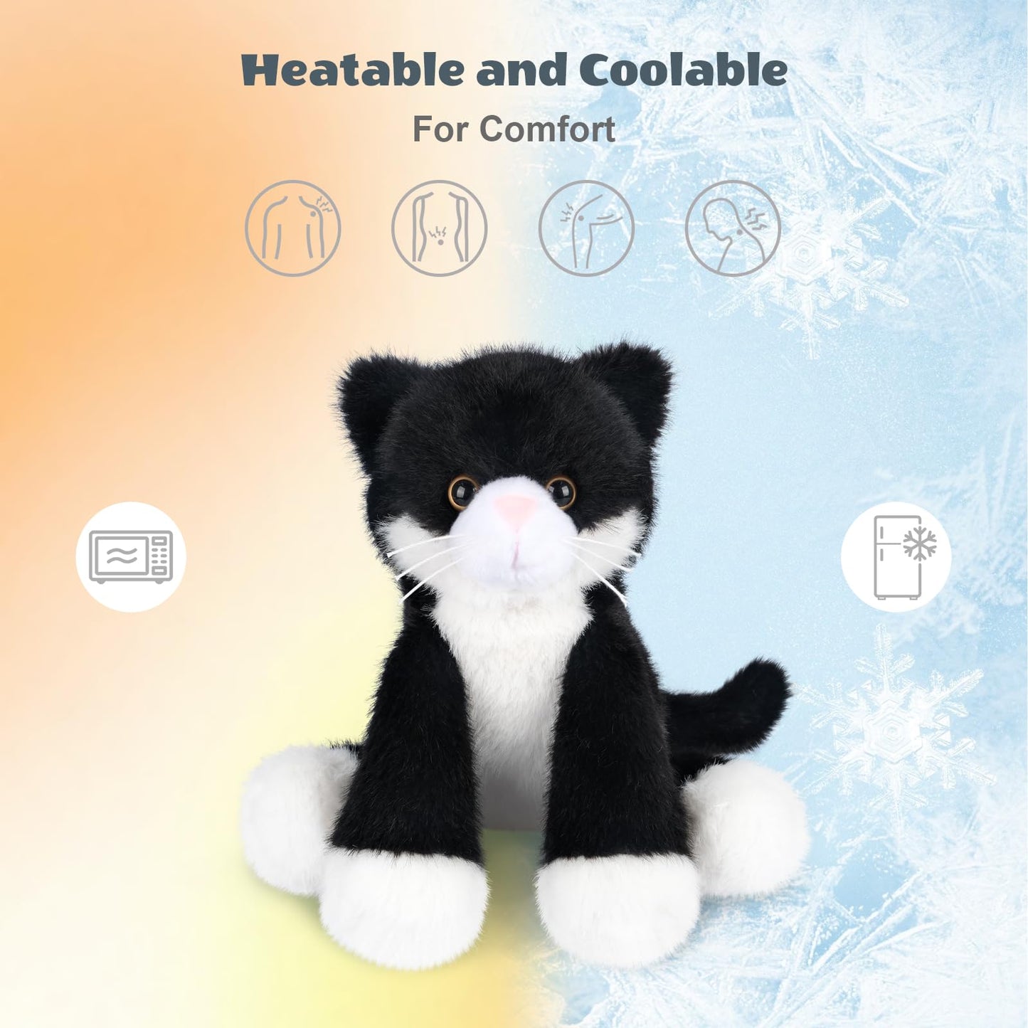SuzziPals Heatable & Coolable Black and White Cat Stuffed Animal, Microwave Heating Pad Animal for Discomfort, Cat Plush for Companion, Plush Cats Lavender Stuffed Animal, Stuffed Cats Toys Gift