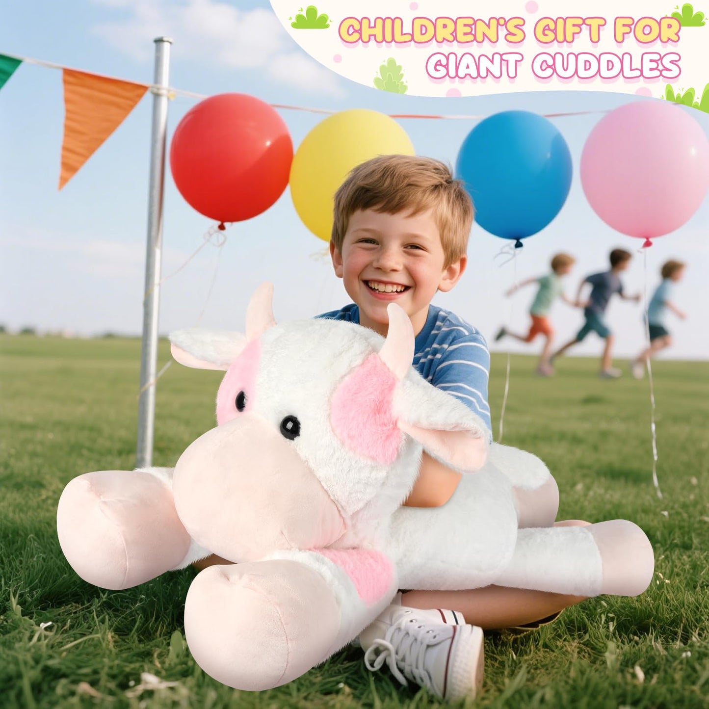 SuzziPals Giant Cow Stuffed Animal 30", Jumbo Strawberry Cow Plush Toys, Giant Stuffed Animal Hugging Pillow for Stress Relief & Sleep Aid, Huge Cuddly Dairy Plushies Gift for Kids Adults