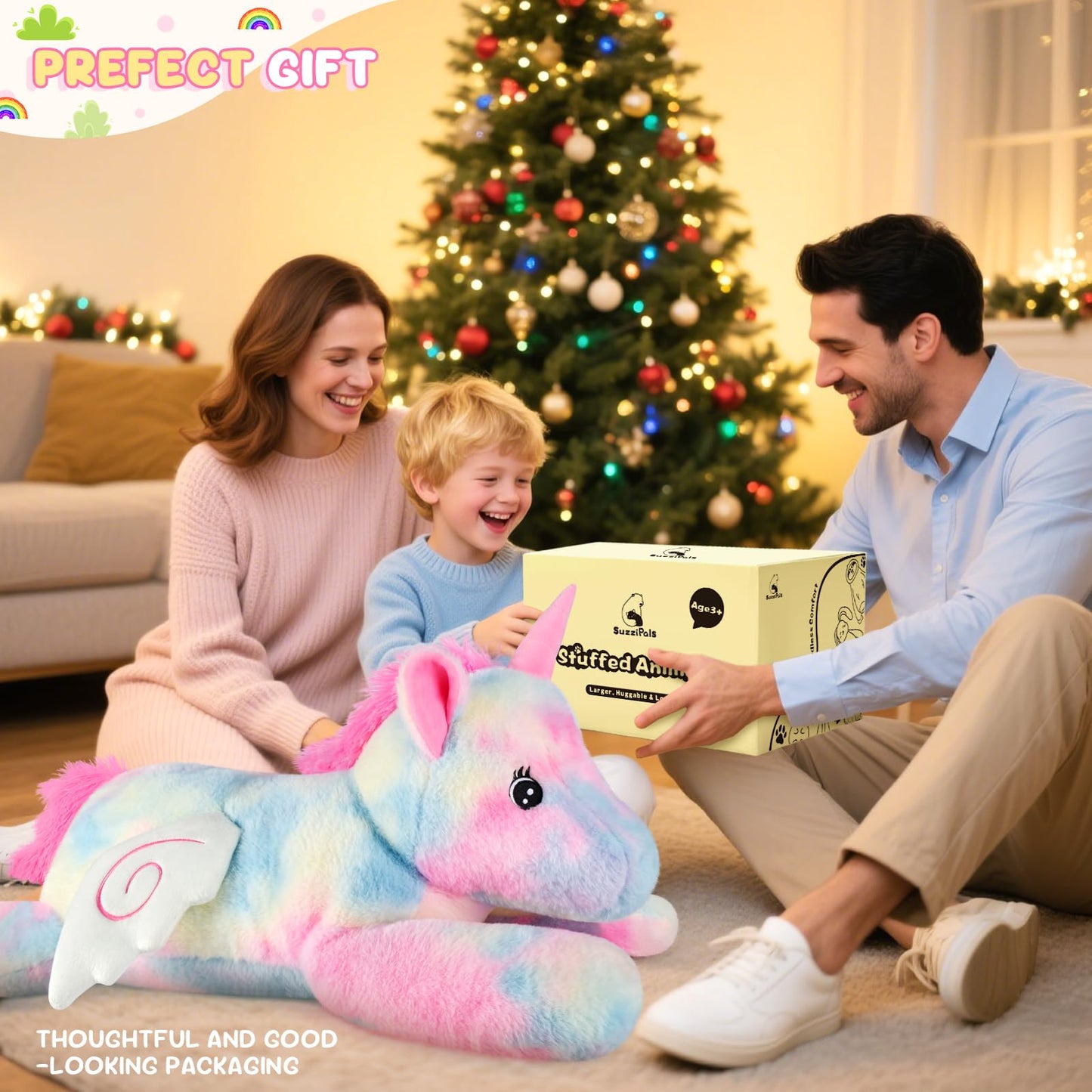 SuzziPals Giant Rainbow Unicorn Stuffed Animal 30", Jumbo Soft Big Stuffed Animals, Giant Plush Toys Hugging Pillow for Stress Relief & Sleep Aid, Huge Cuddly Cute Plushies Unicorn Gifts for Kid Adult