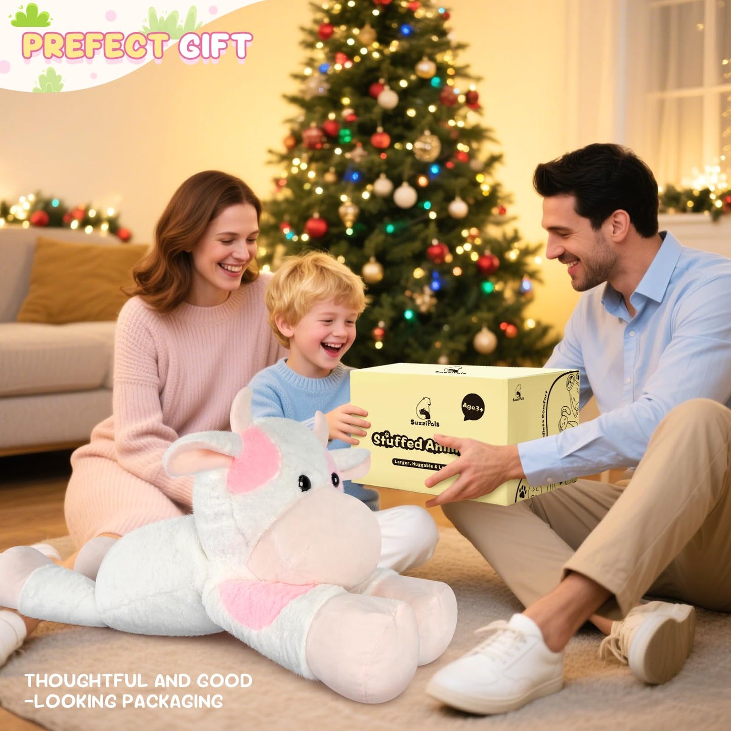 SuzziPals Giant Cow Stuffed Animal 30", Jumbo Strawberry Cow Plush Toys, Giant Stuffed Animal Hugging Pillow for Stress Relief & Sleep Aid, Huge Cuddly Dairy Plushies Gift for Kids Adults