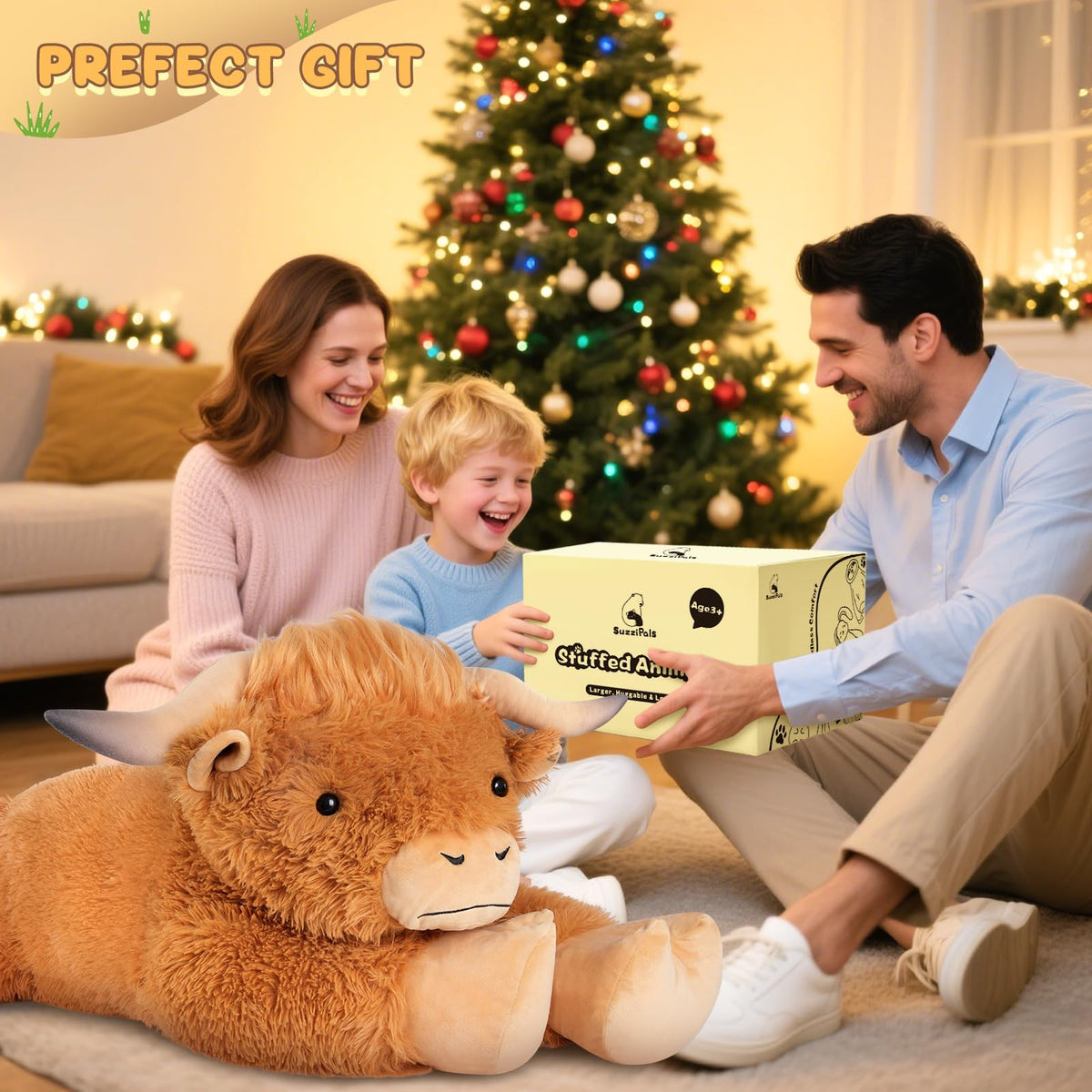 SuzziPals 43 inch Giant Highland Cow Stuffed Animal, Lifelike Huge Cow Stuffed Animal for Stress Relief & Companion, Extra Soft Cow Plush, Huge Big Plushies Highland Cows Gifts for Kids Adults
